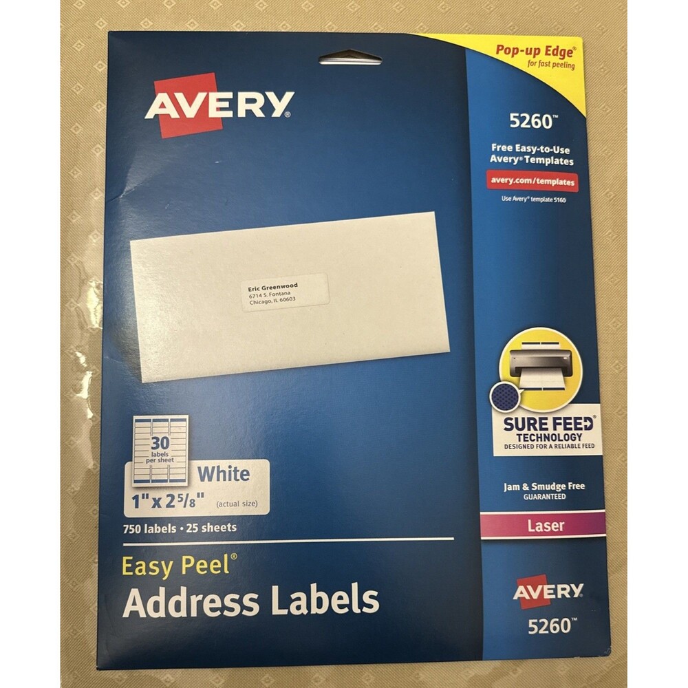 Avery Easy Peel Mailing Address Labels Laser 1" x 2-5/8" White 750qty 8160